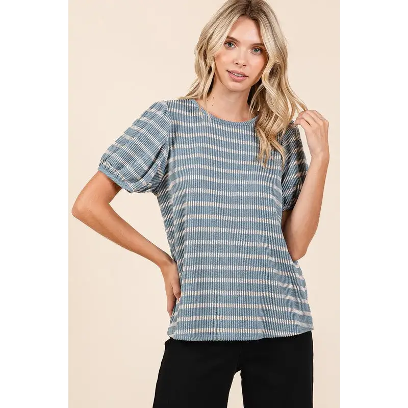 Contrast Striped Short Puff Sleeve Knit Top.
