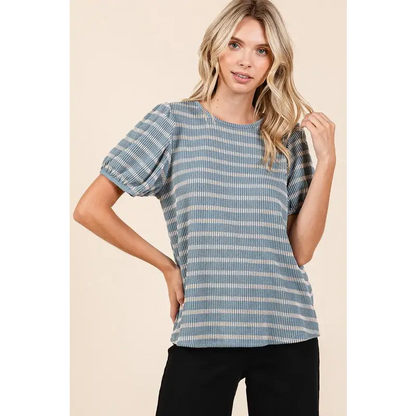 Contrast Striped Short Puff Sleeve Knit Top.