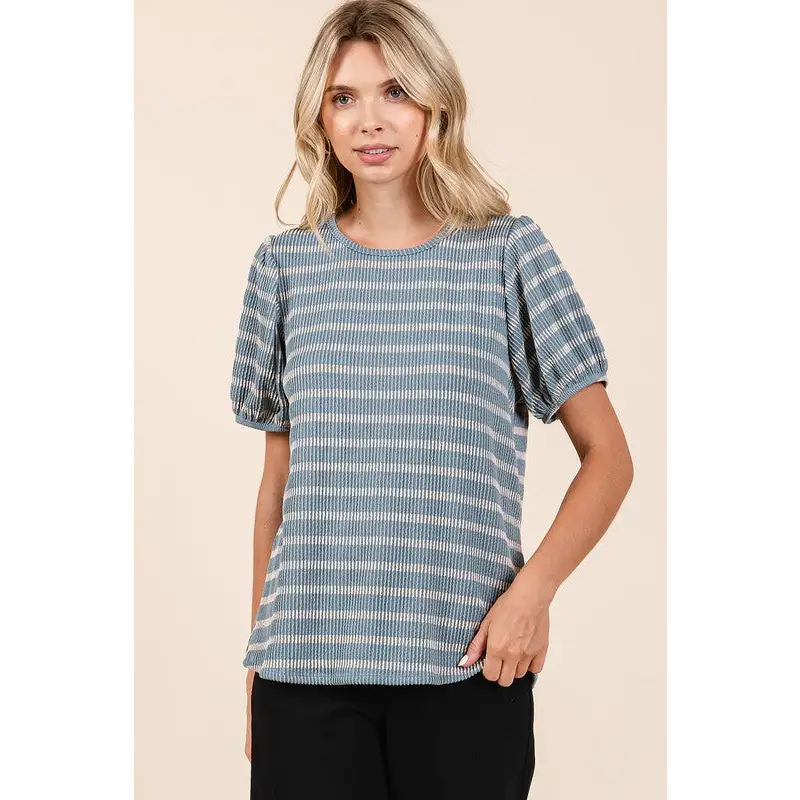 Contrast Striped Short Puff Sleeve Knit Top.