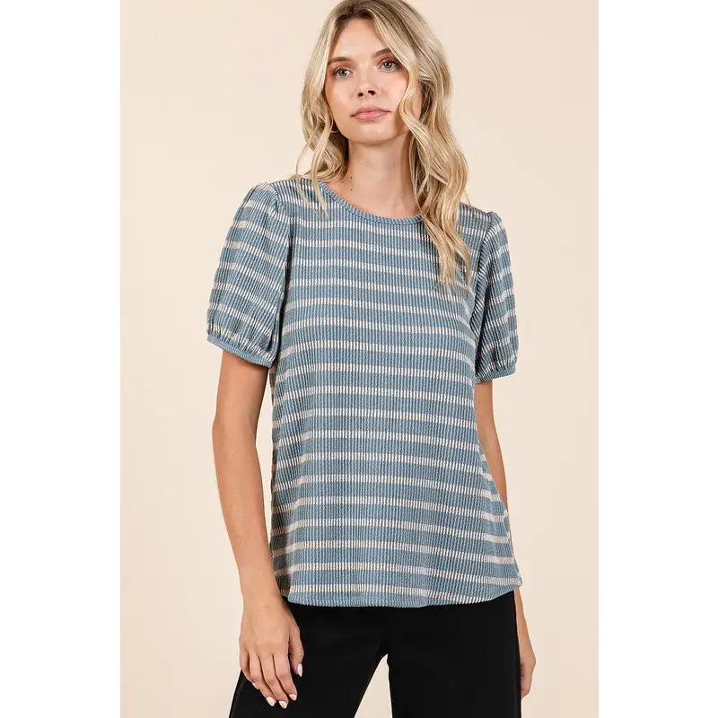 Contrast Striped Short Puff Sleeve Knit Top.