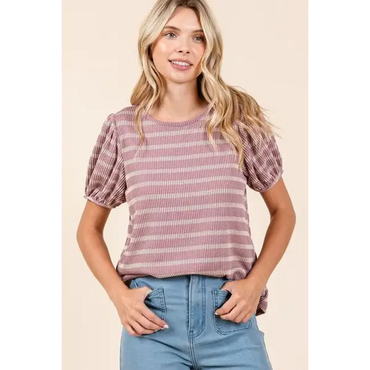 Contrast Striped Short Puff Sleeve Knit Top.
