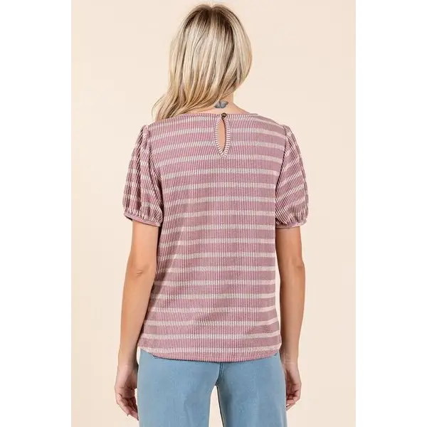 Contrast Striped Short Puff Sleeve Knit Top.