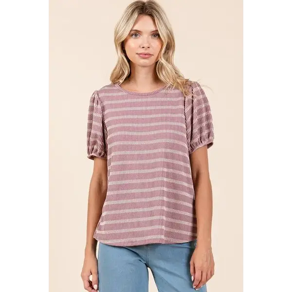 Contrast Striped Short Puff Sleeve Knit Top.