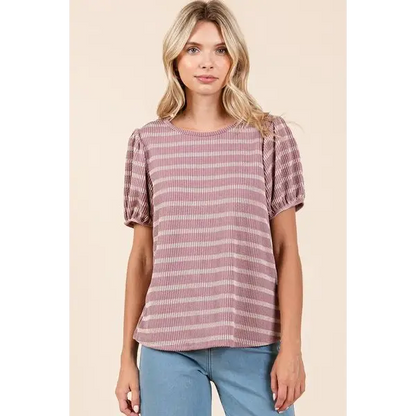 Contrast Striped Short Puff Sleeve Knit Top.