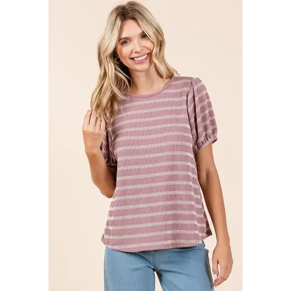 Contrast Striped Short Puff Sleeve Knit Top.