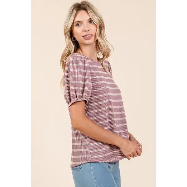 Contrast Striped Short Puff Sleeve Knit Top.