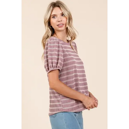 Contrast Striped Short Puff Sleeve Knit Top.