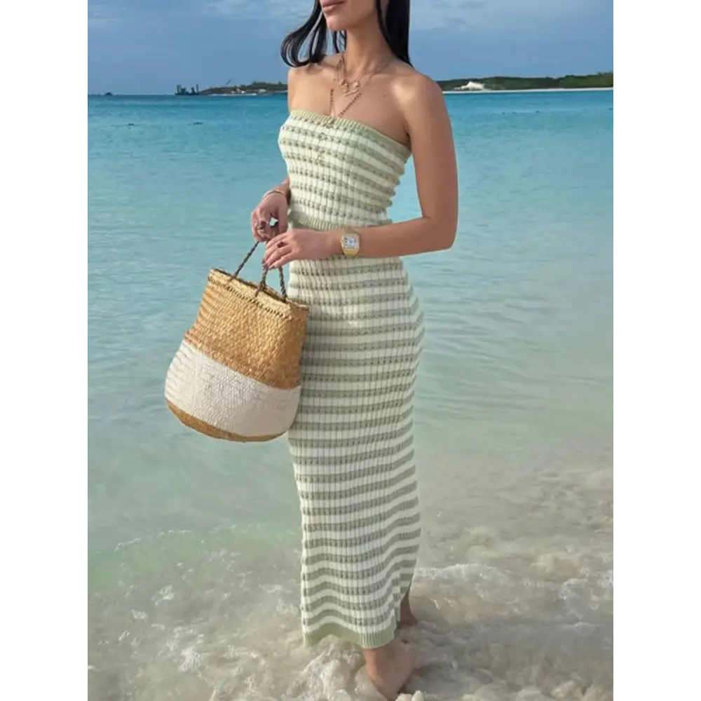 Contrast Striped Tube Top and Skirt Sweater Set.