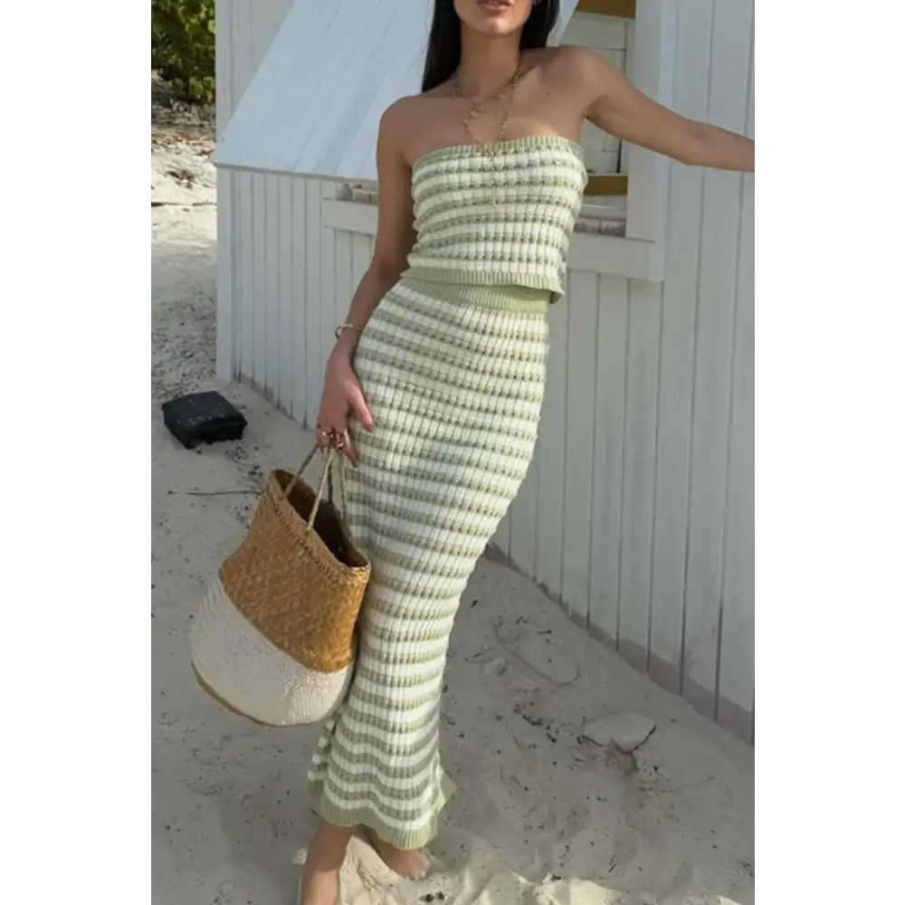 Contrast Striped Tube Top and Skirt Sweater Set.