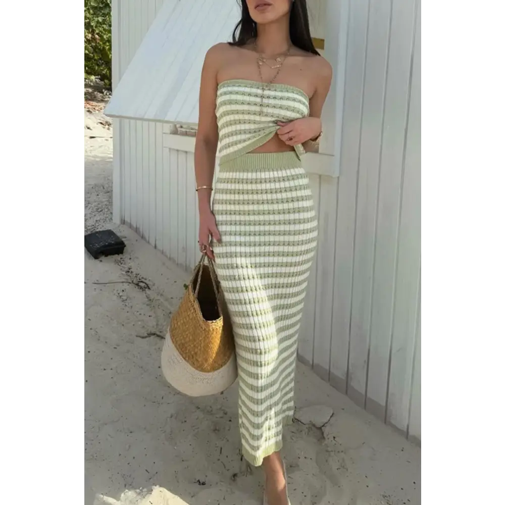 Contrast Striped Tube Top and Skirt Sweater Set.