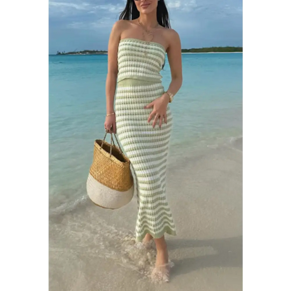 Contrast Striped Tube Top and Skirt Sweater Set.