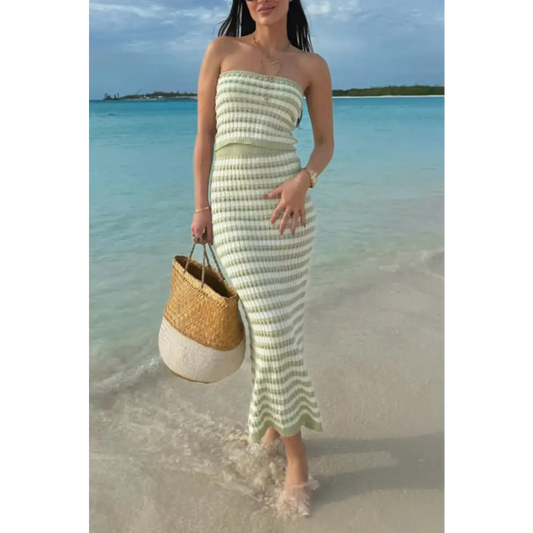 Contrast Striped Tube Top and Skirt Sweater Set.