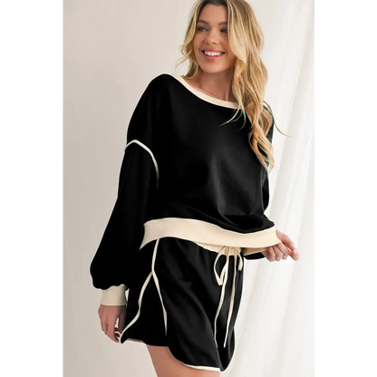 Contrast Trim Loose Pullover and Lace-up Waist Skort Set.