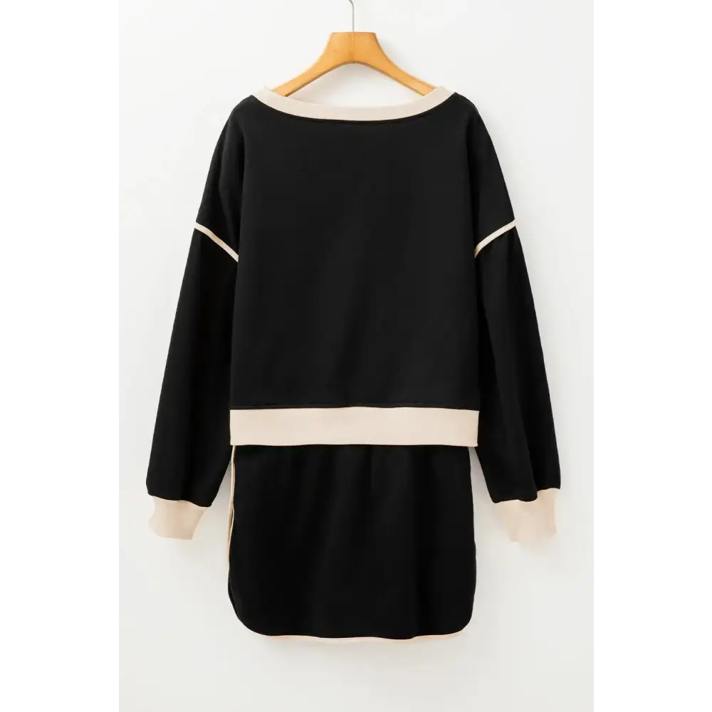 Contrast Trim Loose Pullover and Lace-up Waist Skort Set.