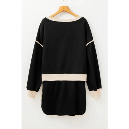 Contrast Trim Loose Pullover and Lace-up Waist Skort Set.