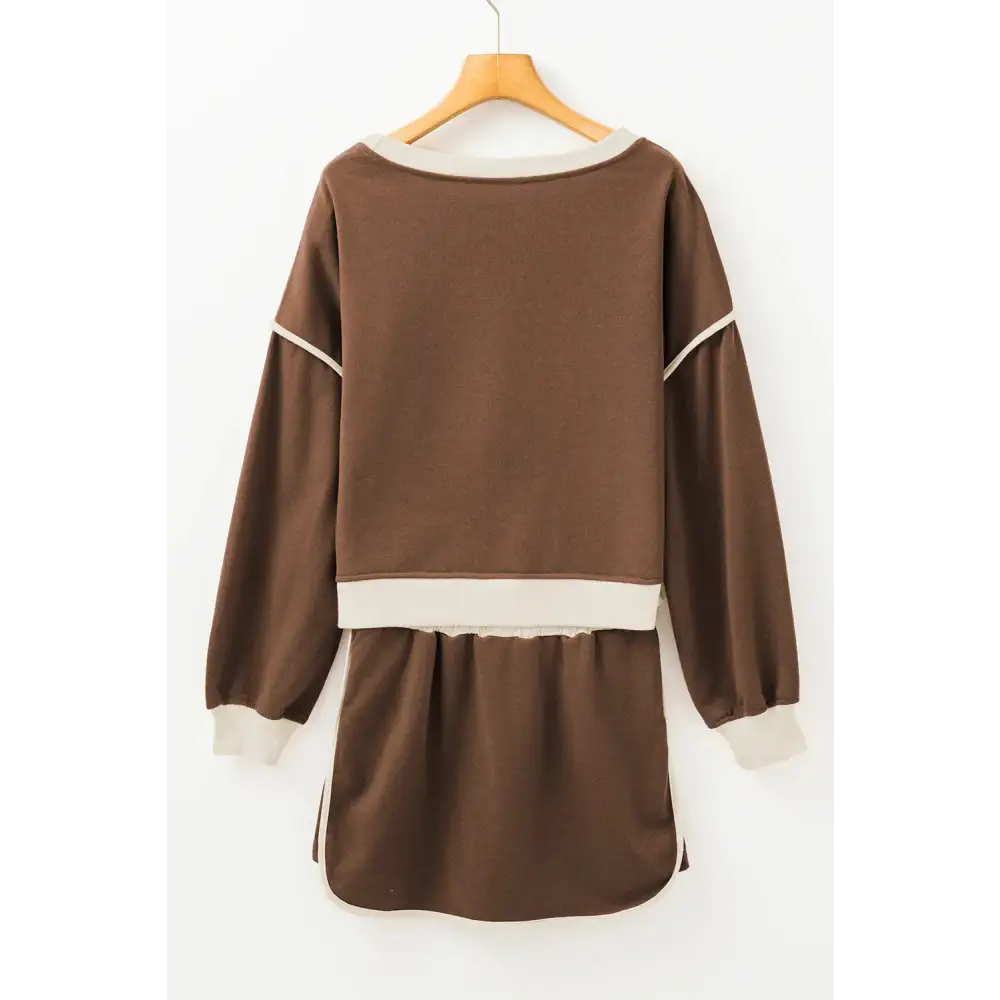 Contrast Trim Loose Pullover and Lace-up Waist Skort Set.