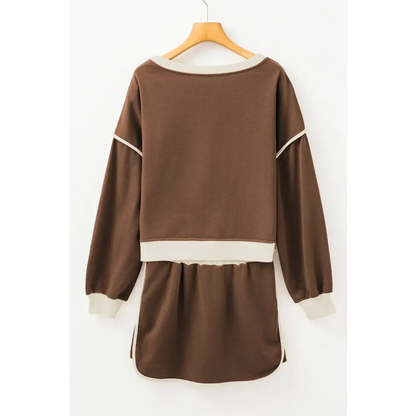 Contrast Trim Loose Pullover and Lace-up Waist Skort Set.