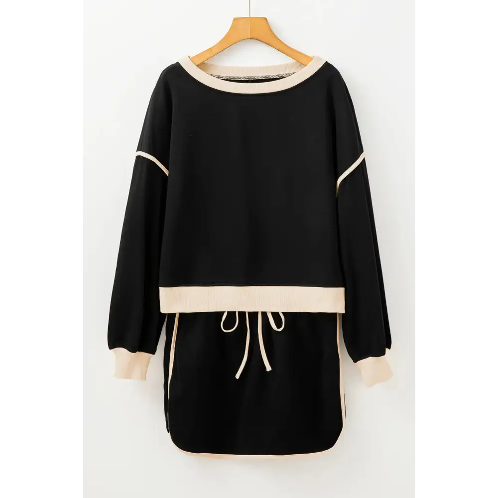 Contrast Trim Loose Pullover and Lace-up Waist Skort Set.
