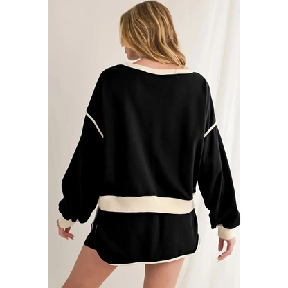 Contrast Trim Loose Pullover and Lace-up Waist Skort Set.