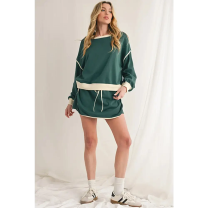 Contrast Trim Loose Pullover and Lace-up Waist Skort Set.