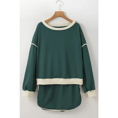 Contrast Trim Loose Pullover and Lace-up Waist Skort Set.