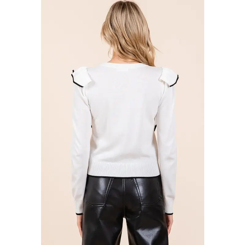 Contrast Trim Ruffled Round Neck Knit Top.