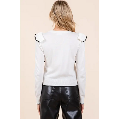 Contrast Trim Ruffled Round Neck Knit Top.