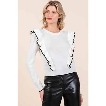 Contrast Trim Ruffled Round Neck Knit Top.