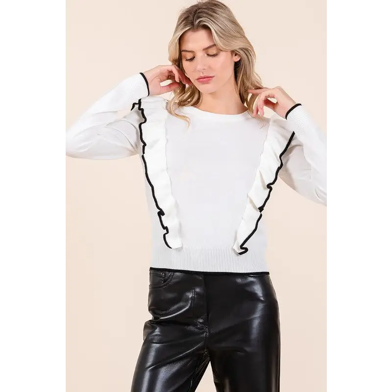 Contrast Trim Ruffled Round Neck Knit Top.