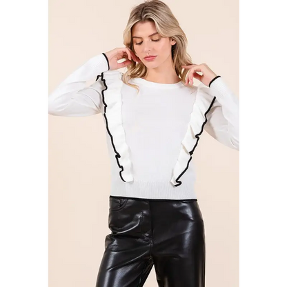 Contrast Trim Ruffled Round Neck Knit Top.