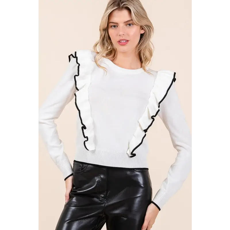 Contrast Trim Ruffled Round Neck Knit Top.