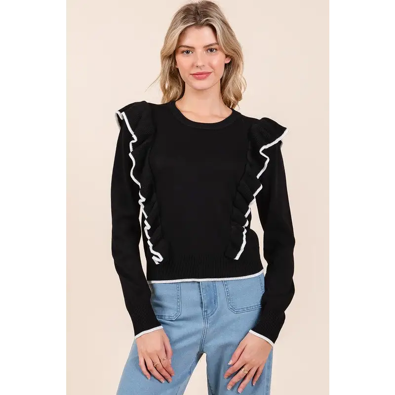 Contrast Trim Ruffled Round Neck Knit Top.