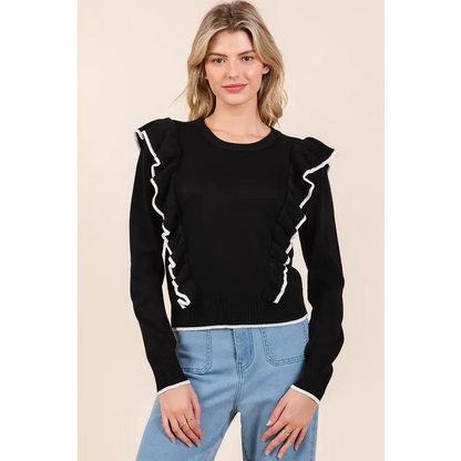 Contrast Trim Ruffled Round Neck Knit Top.