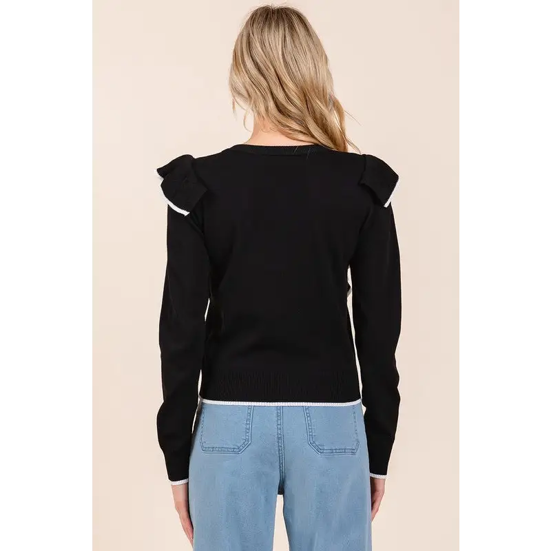 Contrast Trim Ruffled Round Neck Knit Top.