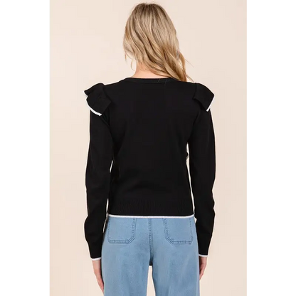 Contrast Trim Ruffled Round Neck Knit Top.