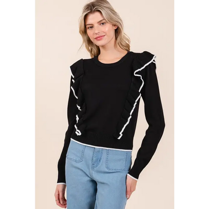 Contrast Trim Ruffled Round Neck Knit Top.