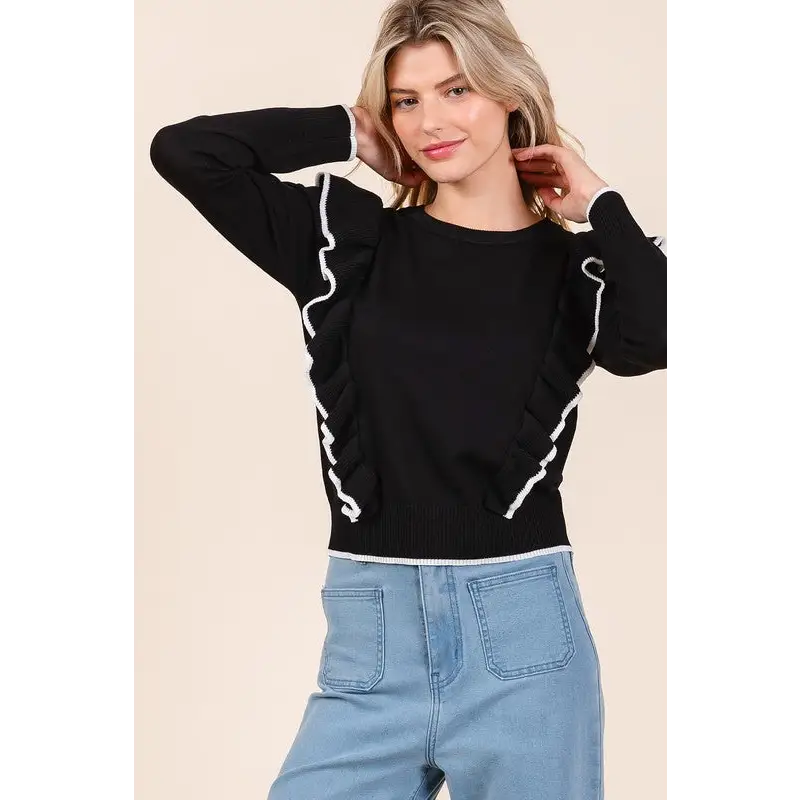 Contrast Trim Ruffled Round Neck Knit Top.