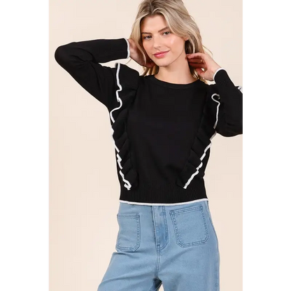 Contrast Trim Ruffled Round Neck Knit Top.