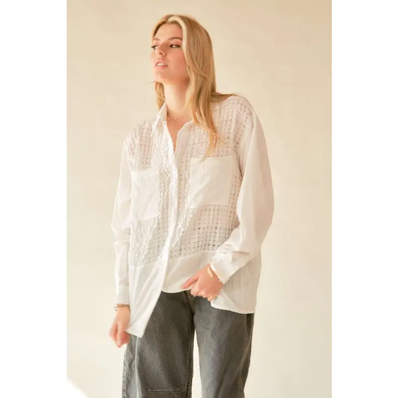 Crinkled Jacquard Button Down Shirt.