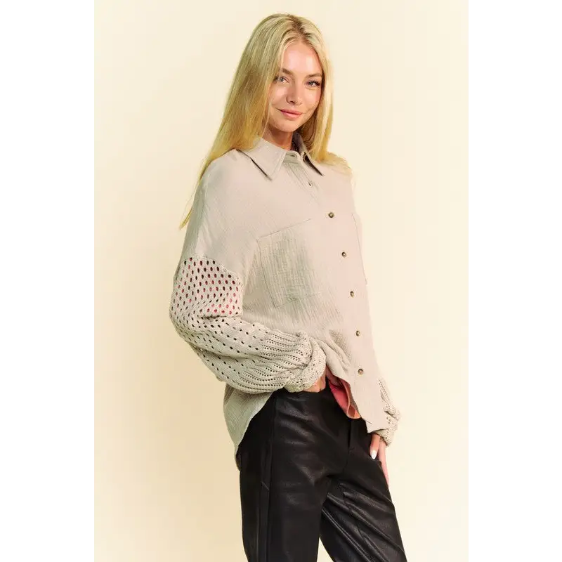 Crochet Sleeve Crinkled Texture Shirt.