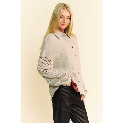 Crochet Sleeve Crinkled Texture Shirt.