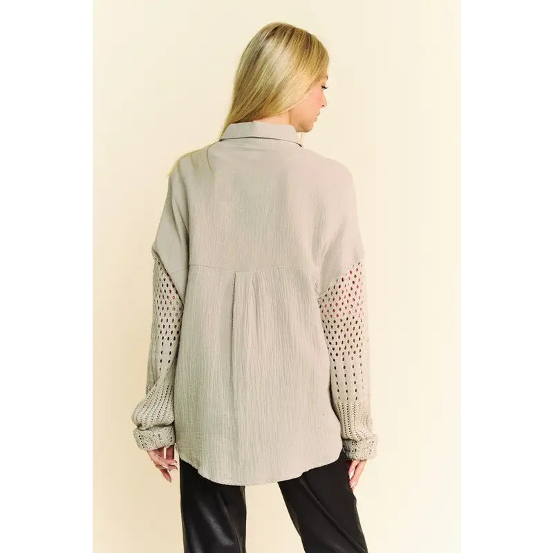 Crochet Sleeve Crinkled Texture Shirt.