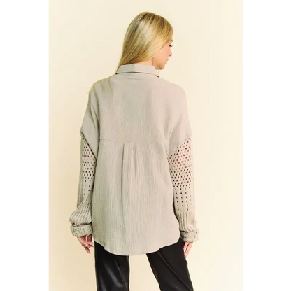 Crochet Sleeve Crinkled Texture Shirt.