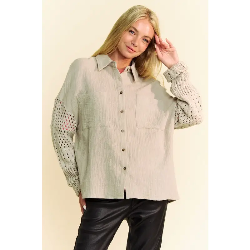 Crochet Sleeve Crinkled Texture Shirt.