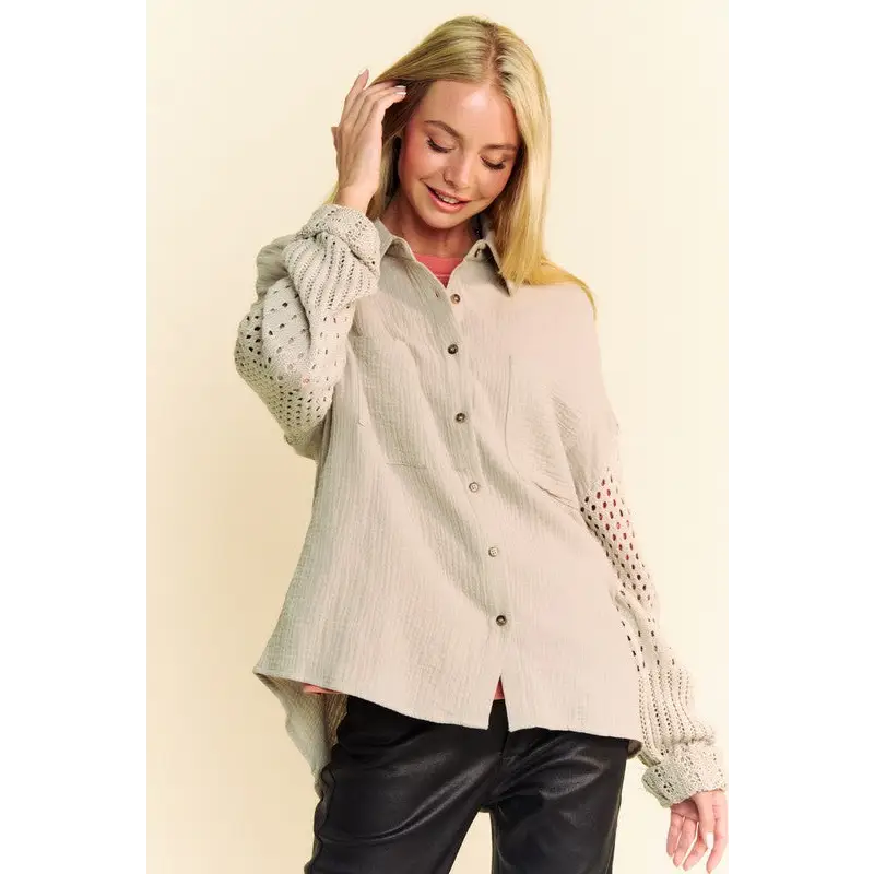 Crochet Sleeve Crinkled Texture Shirt.