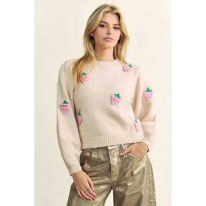 Crochet Strawberry Round Neck Sweater.