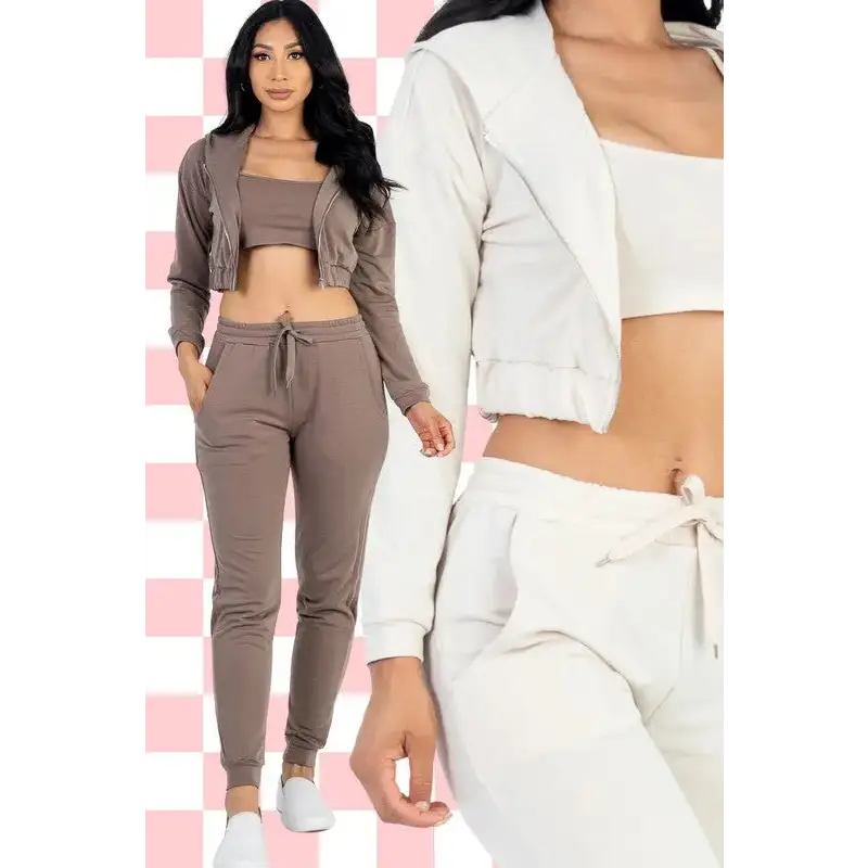 Cropped Cami with Zip-up Jacket and Joggers Set.