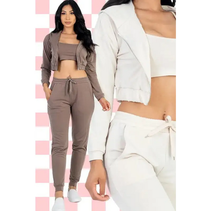 Cropped Cami with Zip-up Jacket and Joggers Set.