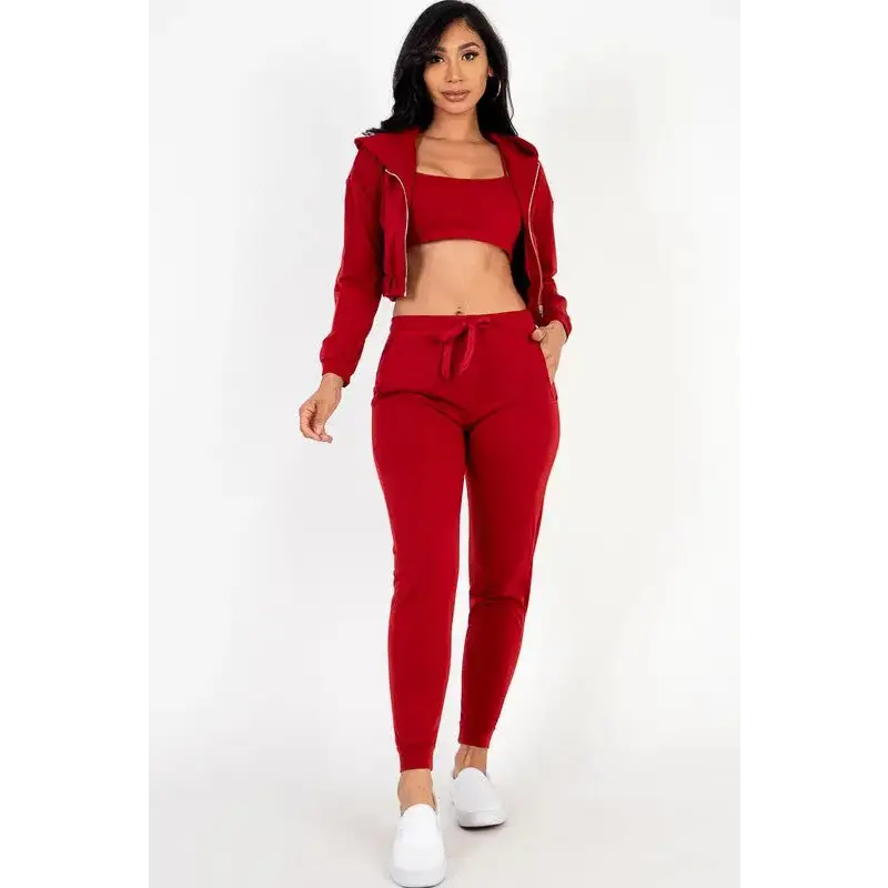 Cropped Cami with Zip-up Jacket and Joggers Set.