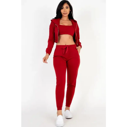 Cropped Cami with Zip-up Jacket and Joggers Set.